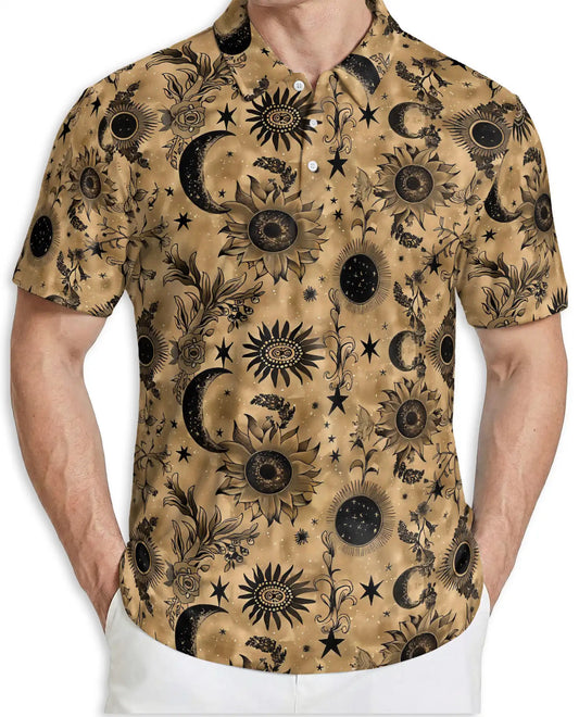 Celestial Sunflower Polo Shirt for Men-Boho Moon Stars Botanical Floral Shirt | Netecom