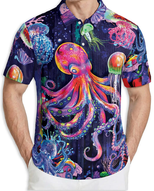 Neon Octopus Jellyfish 3D Polo Shirt for Men – Colorful Ocean Fantasy Style | Netecom