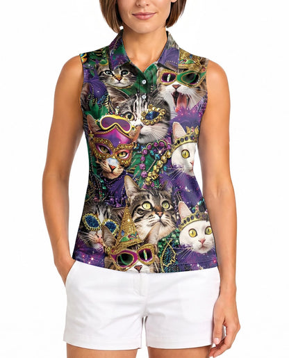 Cats Mardi Gras Carnival Sleeveless Polo Shirt for Women | Netecom