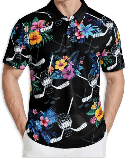 Tropical Hockey Floral 3D Polo Shirt for Men – Hawaiian Sports Fan Style | Netecom