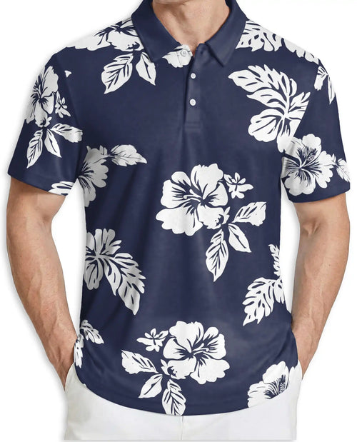 Navy Blue Hibiscus Polo Shirt for Men- Print Tropical Floral | Netecom