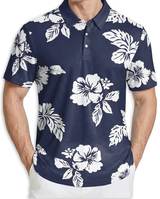 Navy Blue Hibiscus Polo Shirt for Men- Print Tropical Floral | Netecom