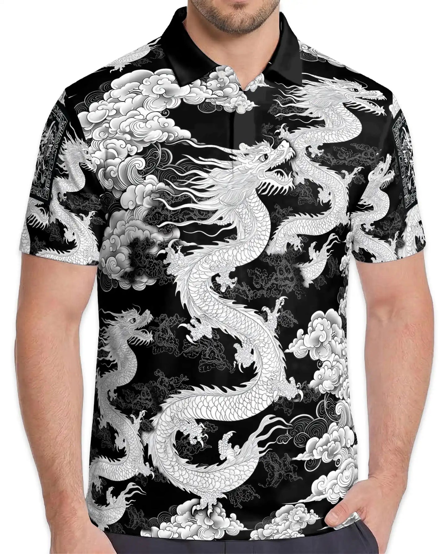 White Asian Dragon Polo Shirt for Men - Black Oriental Dragon Art | Netecom