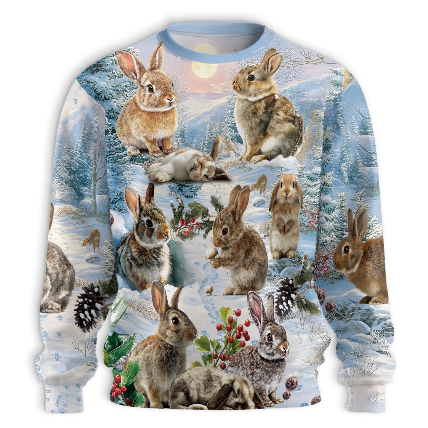 Rabbits in Snow Sweatshirt, 3D All Over Print Winter Woodland Crewneck Pullover for Men Women, Rabbit Lover Gift - Netecom