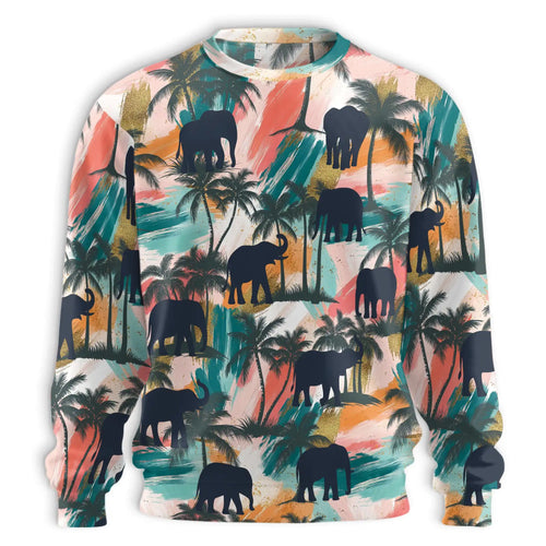 Elephant Coconut Palm Sweatshirt, 3D All Over Print Tropical Animal Crewneck Pullover for Men Women, Elephant Lover Gift - Netecom
