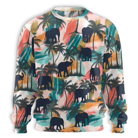 Elephant Coconut Palm Sweatshirt, 3D All Over Print Tropical Animal Crewneck Pullover for Men Women, Elephant Lover Gift - Netecom