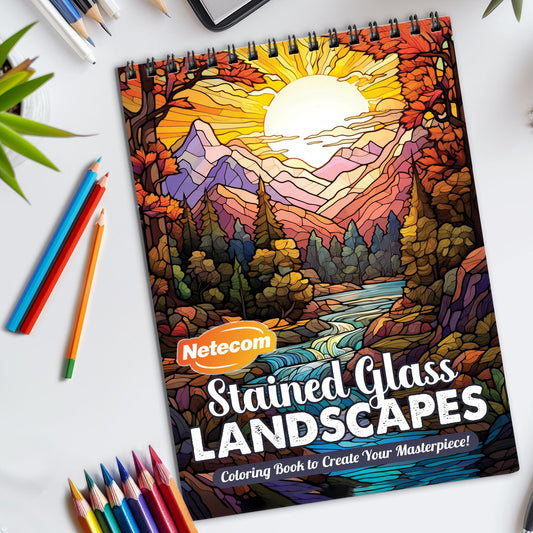 Stained Glass Landscapes Spiral Bound Coloring Book, Stunning Stained Glass Landscape Scenes, Ideal for Fans of Vibrant and Artistic Challenges