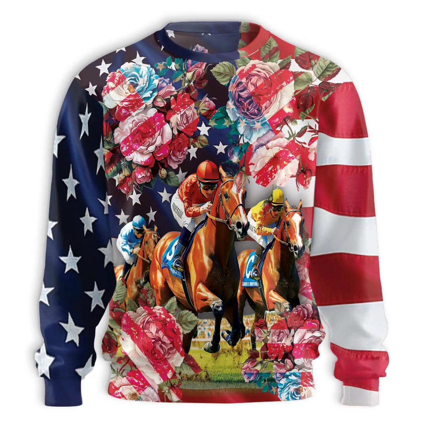 American Flag Rose Horse Racing Sweatshirt, 3D All Over Print Patriotic Equestrian Crewneck Pullover for Men Women, Horse Racing Lover Gift - Netecom