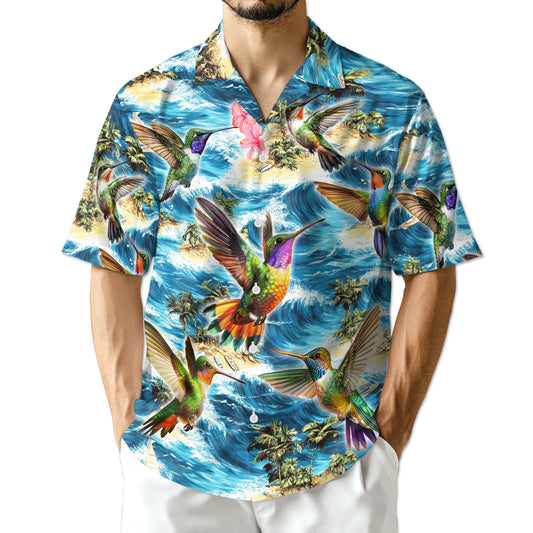 Netecom Tropical Hummingbird Hawaiian Shirt for Men, Bird Lover Gift, Nature Animal Button Down Summer Beach Shirts