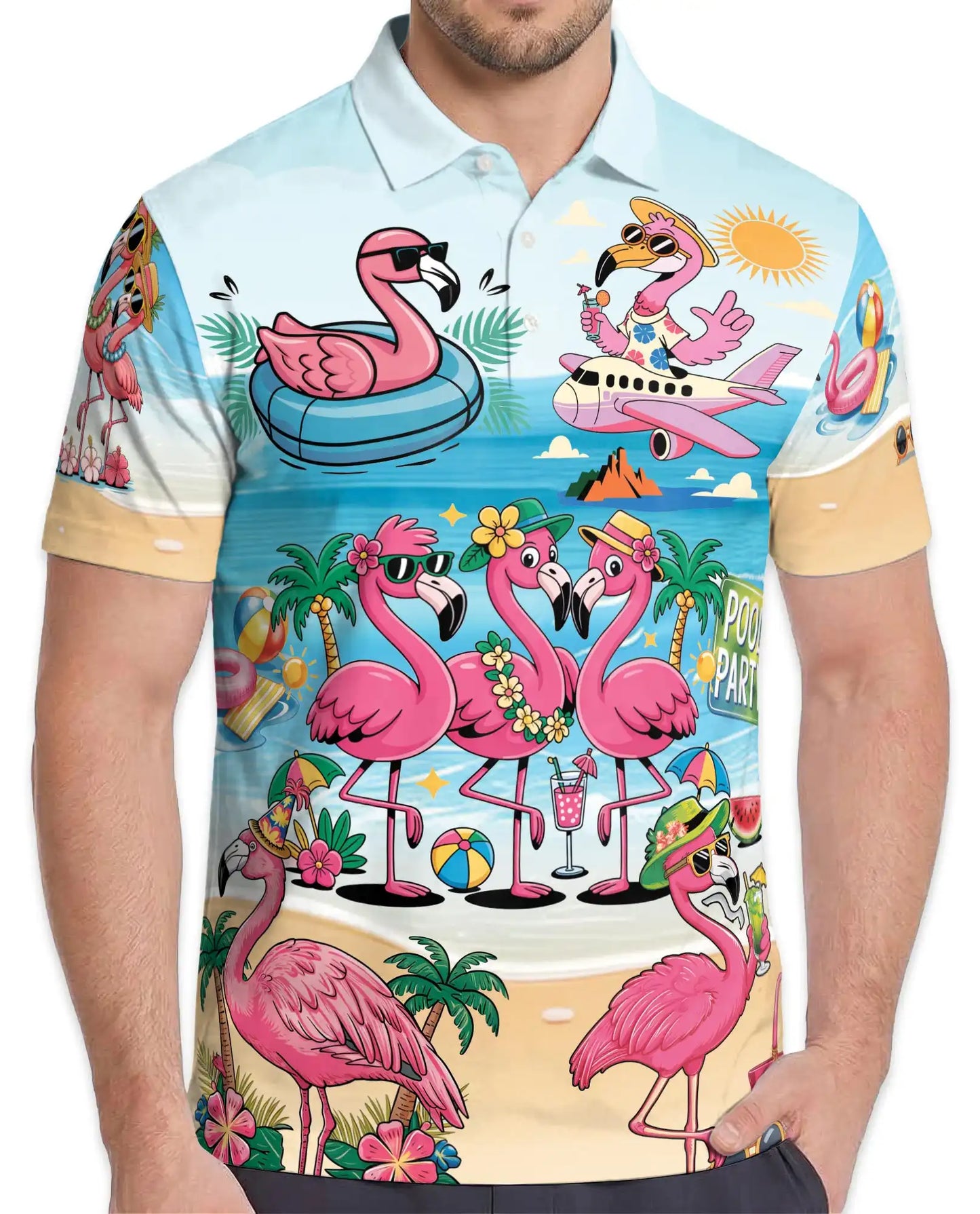 Flamingo Pool Party Polo Shirt for Men - Print Flamingo Party Shirt | Netecom