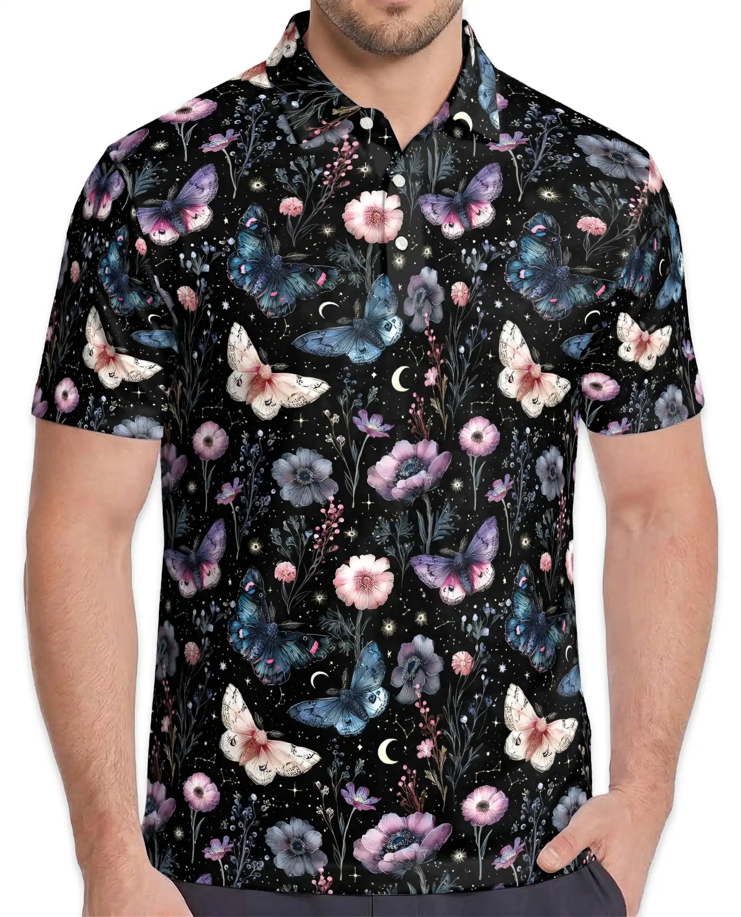 Butterfly Floral Polo Shirt - Moonlit Botanical Garden Style | Netecom