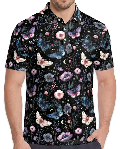 Butterfly Floral Polo Shirt - Moonlit Botanical Garden Style | Netecom