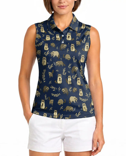Navy Raccoon Pattern Sleeveless Polo Shirt for Women | Netecom