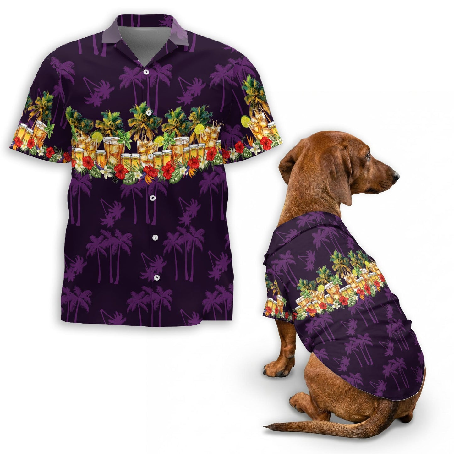 Netecom Matching Tequila Aloha Hawaiian Shirt for Dog and Owner, Aloha Summer Shirt, Tropical Tequila Drink Print Outfit for Pet and Human, Beach Vacation Casual Wear