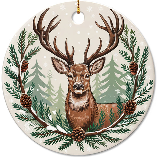 Netecom Vintage Winter Deer Christmas Ornament, Snowy Reindeer Ceramic Ornament for Xmas Tree Hanging Decorations Gift, Wild Animals Lover Gifts, Holiday Party Present
