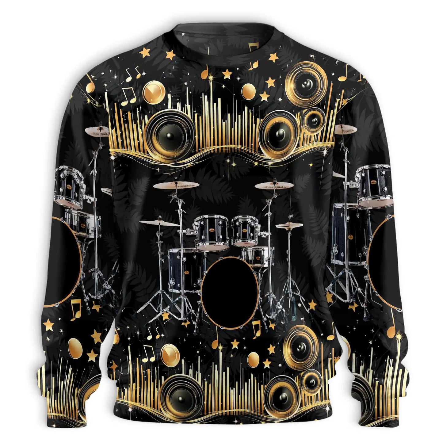 Drum Kit Musical Note Gold Sweatshirt, 3D All Over Print Music Drummer Crewneck Pullover for Men Women, Drummer Lover Gift - Netecom