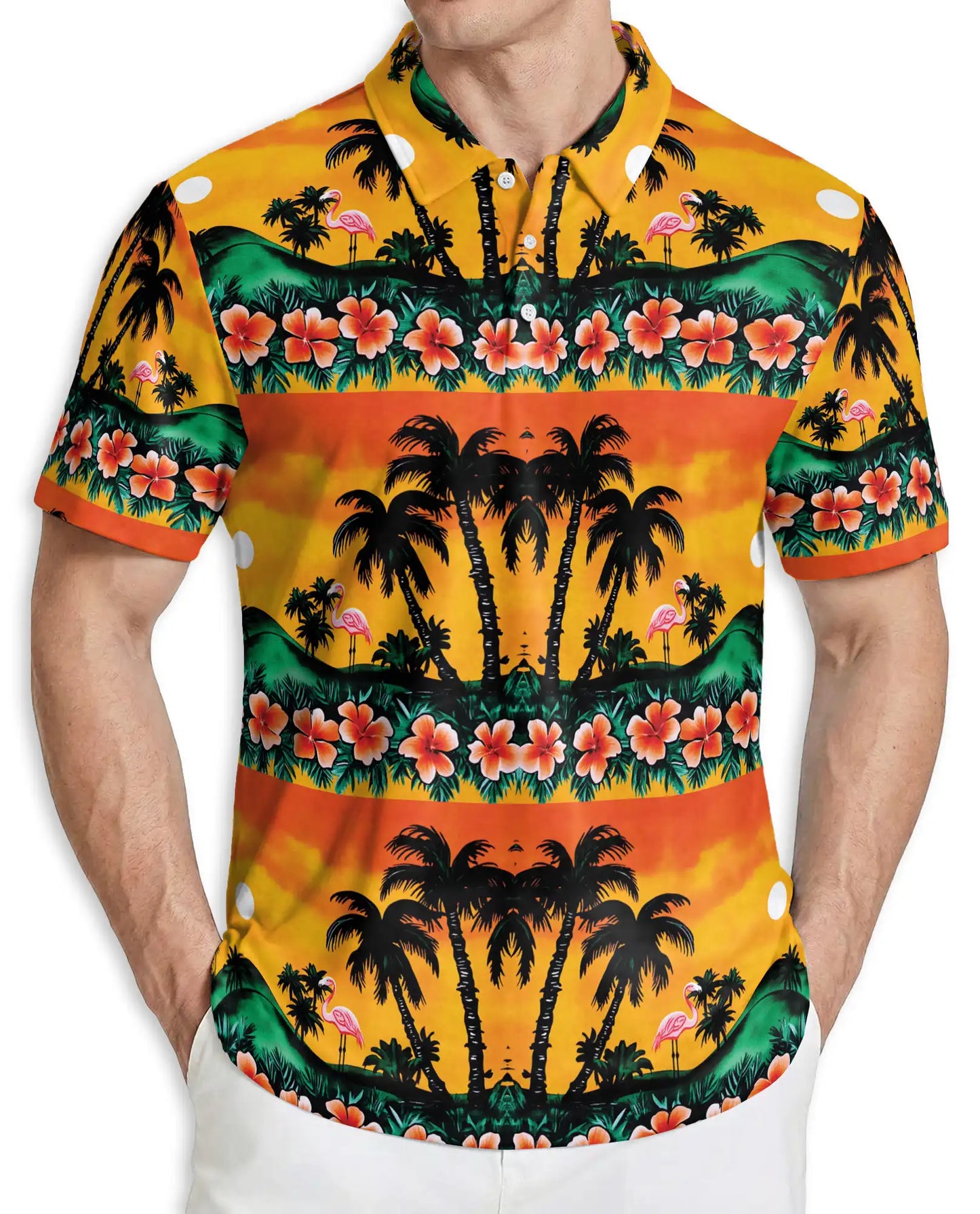 Tropical Sunset Polo Shirt – Palm Tree Flamingo Print | Netecom