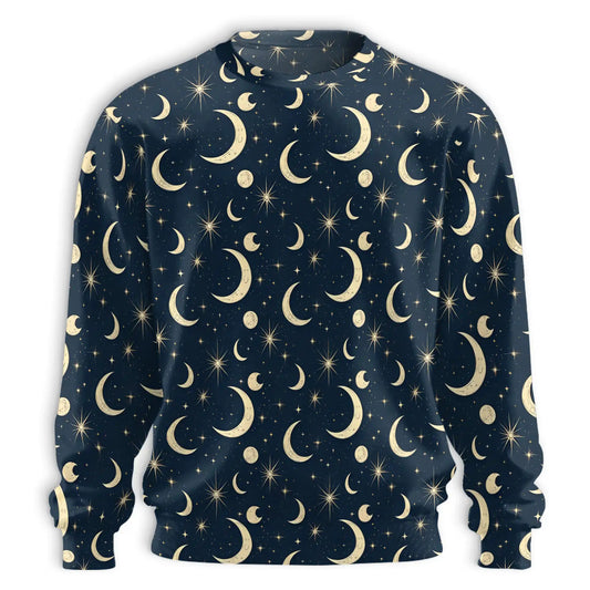 Cool Gold Half Moon Abstract Pattern Sweatshirt, 3D All Over Print Celestial Geometric Crewneck Pullover for Men Women, Moon Lover Gift - Netecom