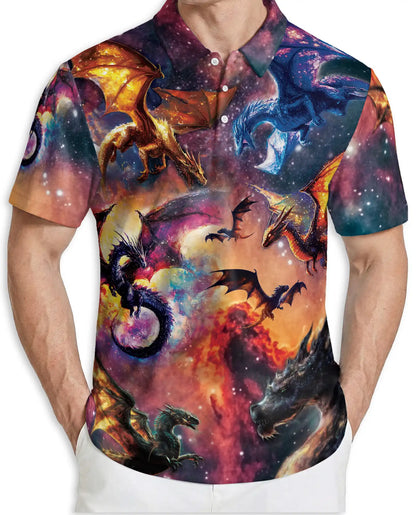Cosmic Fantasy Dragon 3D Polo Shirt for Men – Galaxy Mythical Creature Style | Netecom