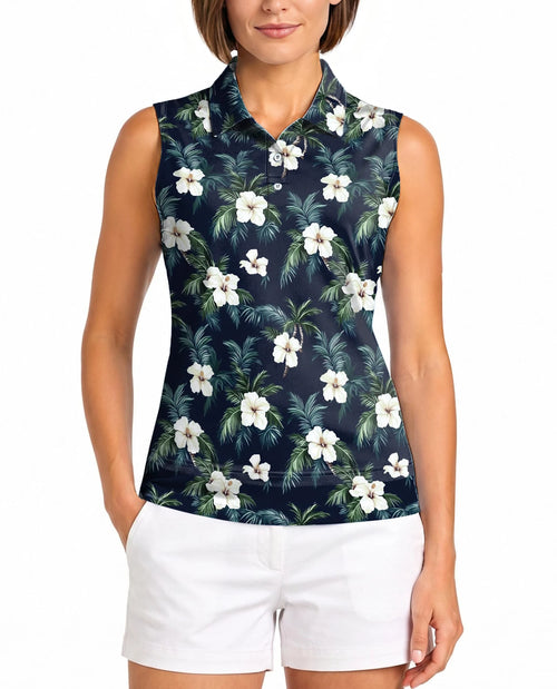 Tropical Hibiscus Pattern Sleeveless Polo Shirt for Women | Netecom