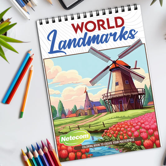 Landmarks Spiral Bound Coloring Book, Iconic Global Landmarks for a World Tour in Art, Ideal for Travel Enthusiasts and Culture Explorers