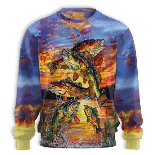 Largemouth Bass Fishing Sweatshirt, 3D All Over Print Sunset Fishing Crewneck Pullover for Men Women, Bass Fisherman Gift - Netecom