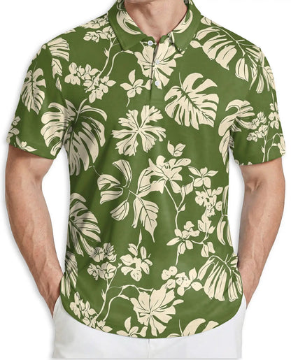 Tropical Floral Polo Shirt – Olive Monstera Print | Netecom