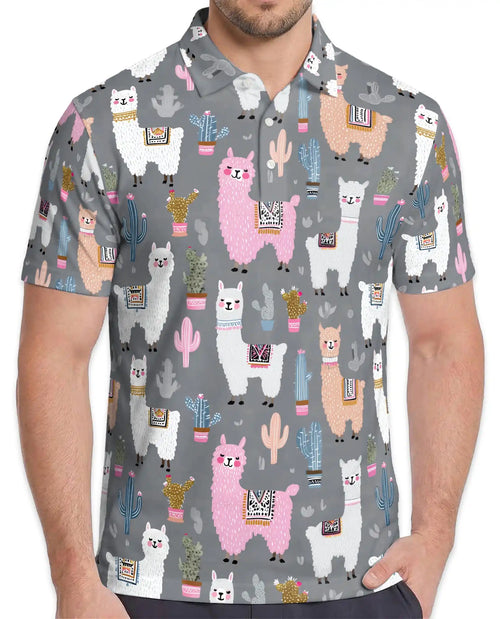 Cute Llama Polo Shirt - Desert Cactus Animal Style | Netecom