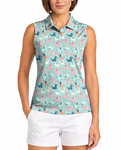 Dachshund Print Sleeveless Polo Shirt for Women – Cute Dog Lover Style | Netecom