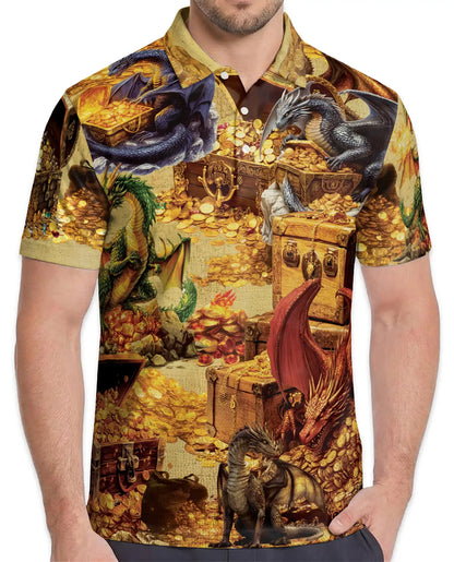 Dragon Treasure Hoard Polo Shirt for Men - Medieval Fantasy Gold | Netecom