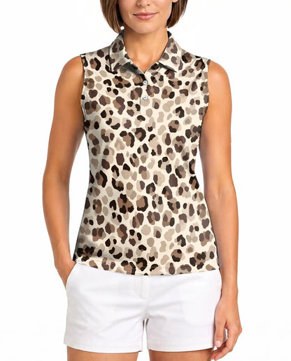 Brown Leopard Print Sleeveless Polo Shirt for Women | Netecom