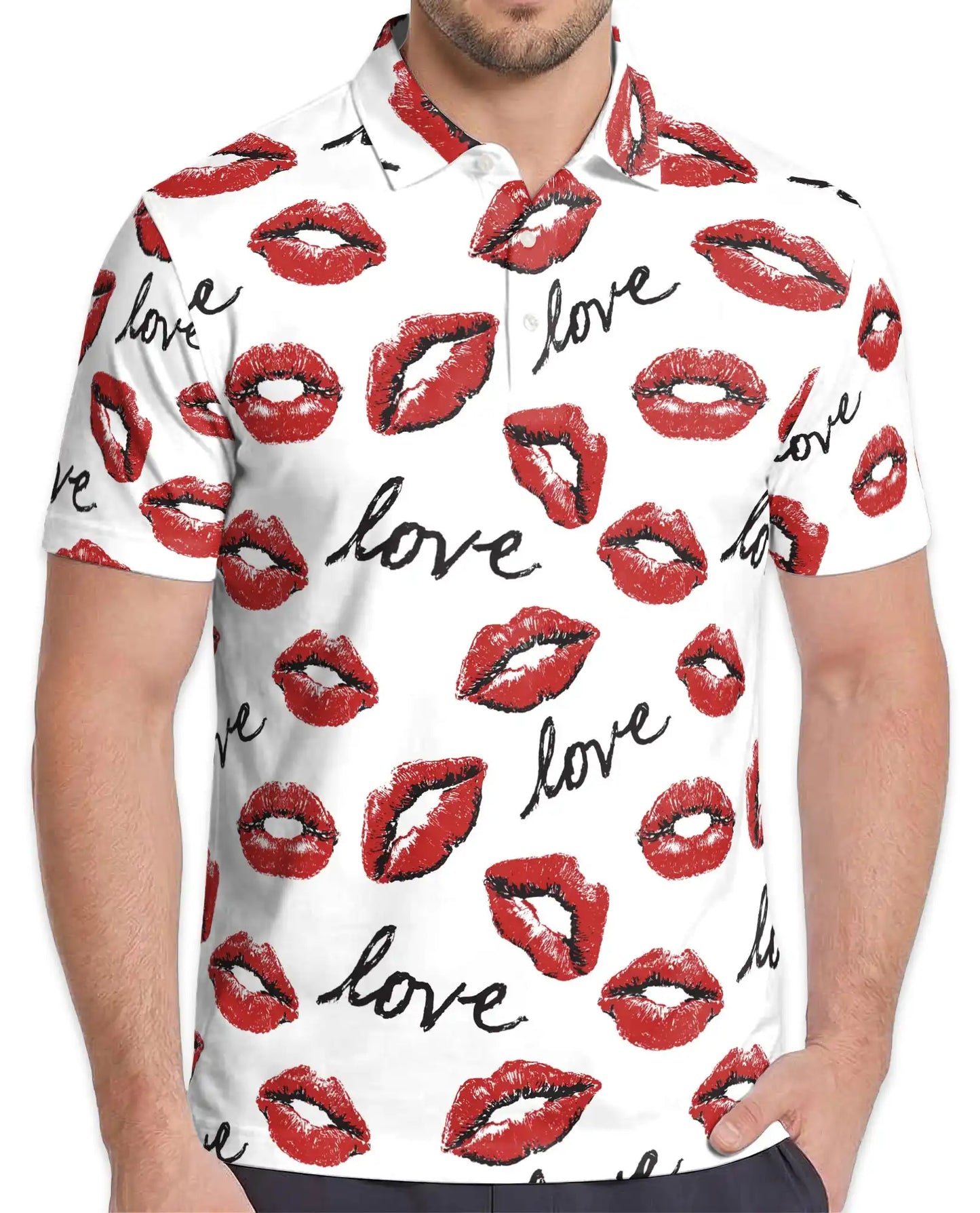 Love Kiss Lips Polo Shirt for Men - Romantic Red Lip Print | Netecom