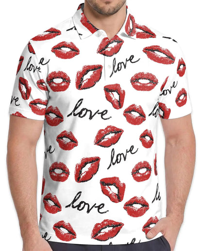 Love Kiss Lips Polo Shirt for Men - Romantic Red Lip Print | Netecom