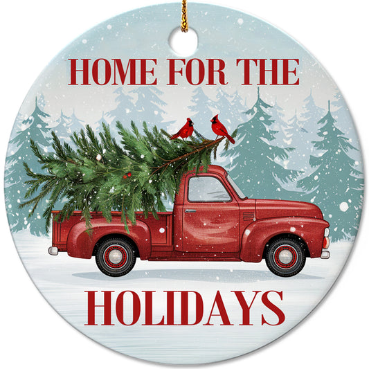 Netecom Vintage Red Truck with Tree Ornament, Home for the Holidays Ceramic Ornament for Christmas Tree Hanging Decorations Gift, Truck Lover Gifts, Xmas Party Present