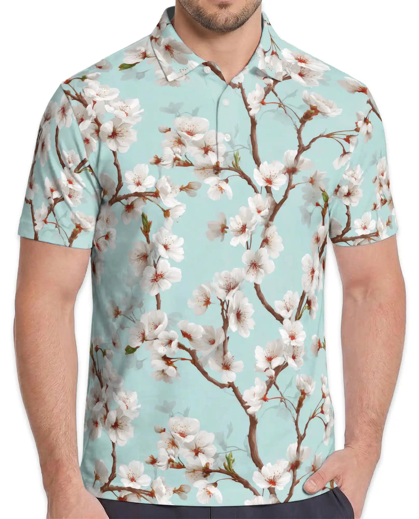 White Cherry Blossom Polo Shirt for Men – Spring Floral Style | Netecom