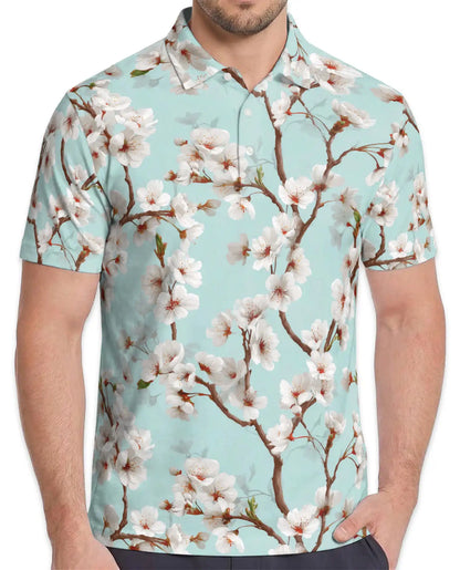 White Cherry Blossom Polo Shirt for Men – Spring Floral Style | Netecom