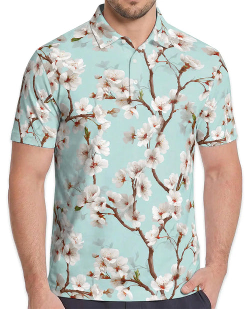 White Cherry Blossom Polo Shirt for Men – Spring Floral Style | Netecom