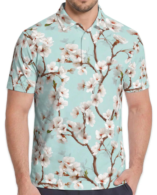 White Cherry Blossom Polo Shirt for Men – Spring Floral Style | Netecom