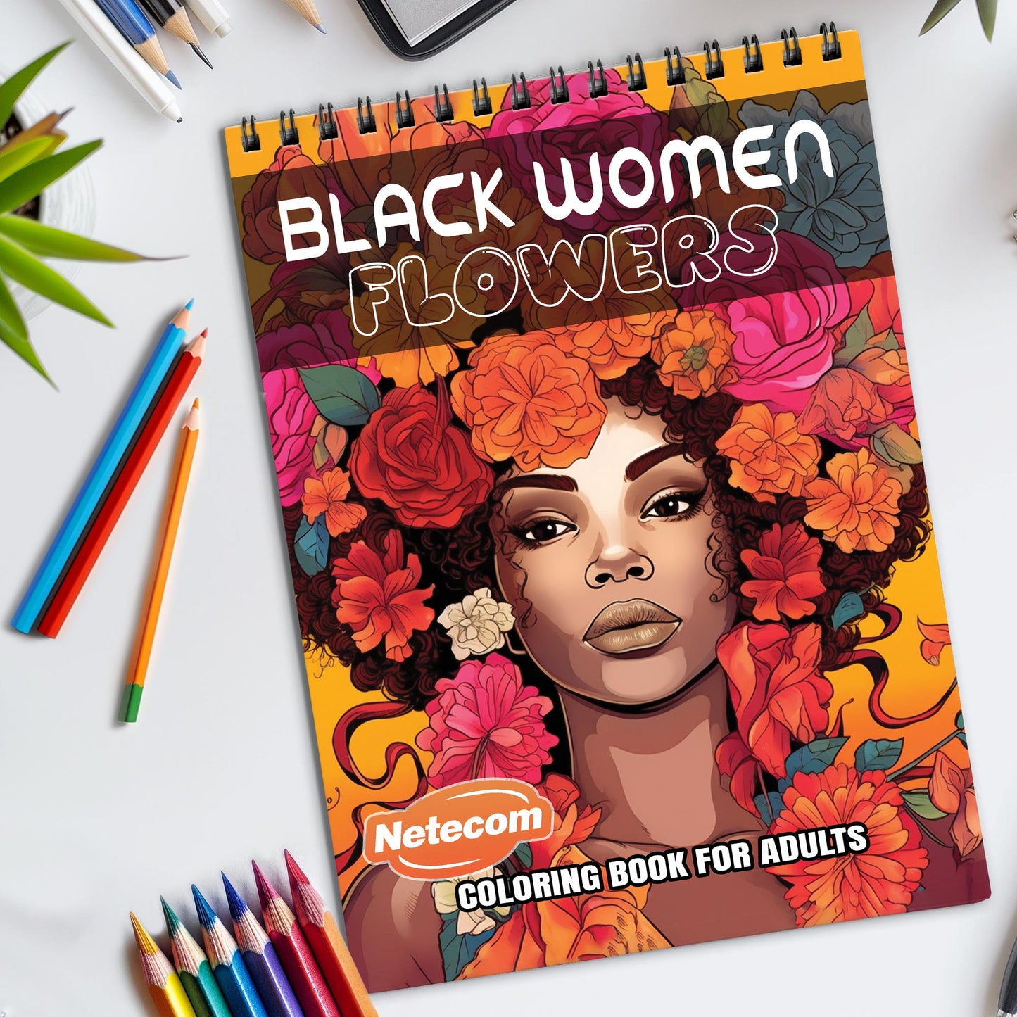 Black Women Flowers Spiral Bound Coloring Book, Celebrating Black Women Amidst Floral Beauty, Ideal for Empowerment and Artistic Expression