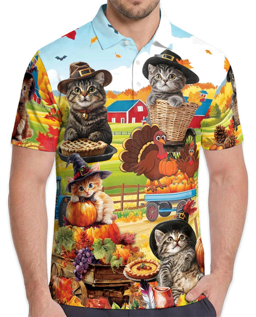 Thanksgiving Cat Polo Shirt for Men – Cute Fall Holiday Style | Netecom