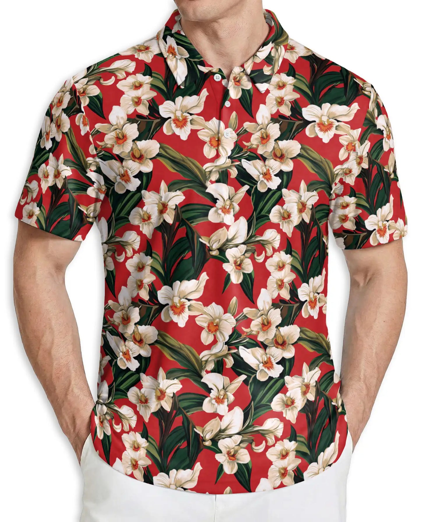Red Floral Polo Shirt – Tropical Orchid Print | Netecom