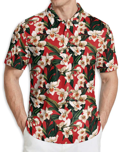Red Floral Polo Shirt – Tropical Orchid Print | Netecom