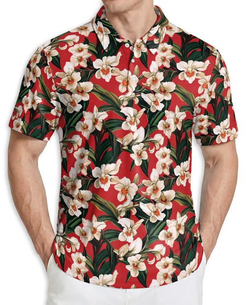 Red Floral Polo Shirt – Tropical Orchid Print | Netecom
