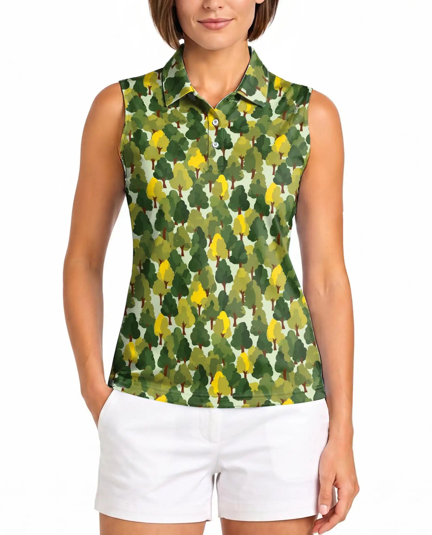 Pattern Tree Sleeveless Polo Shirt for Women – Nature Botanical Style | Netecom