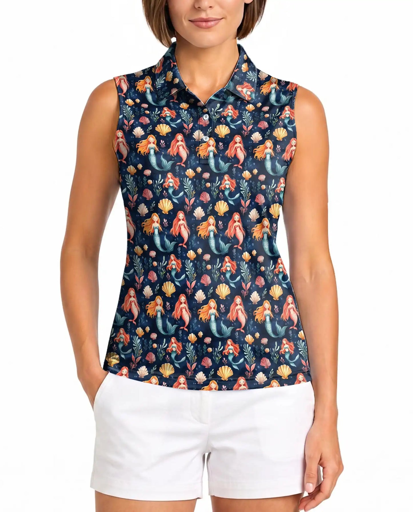 Under The Sea Mermaid Sleeveless Polo Shirt for Women – Ocean Fantasy Style | Netecom