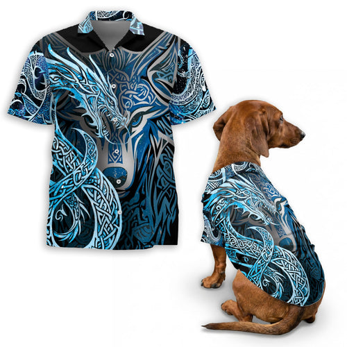 Netecom Matching Fenrir Blue Hawaiian Shirt for Dog and Owner, Aloha Summer Shirt, Wolf Myth Print Button Down Outfit for Pet and Human, Beach Vacation Casual Wear