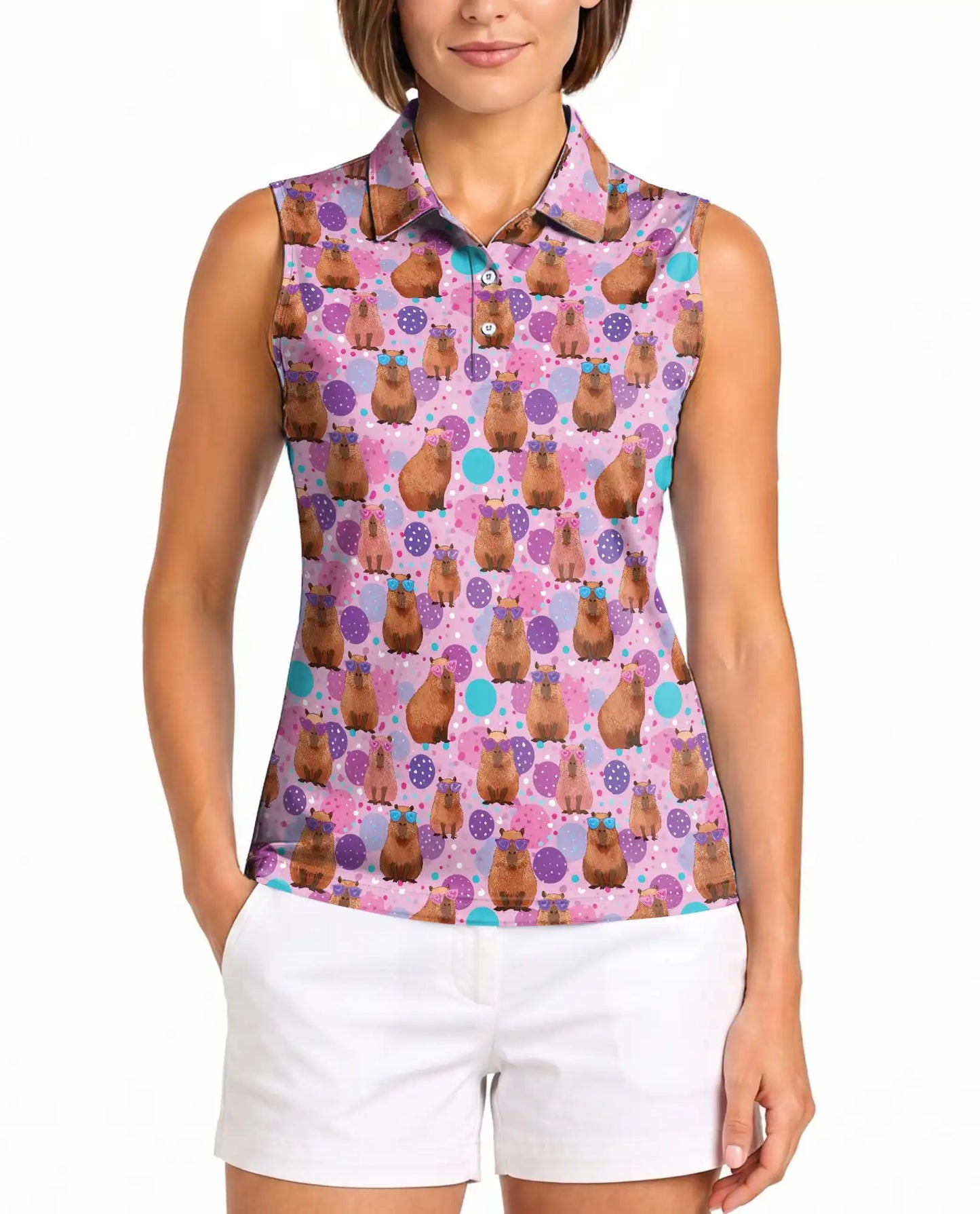 Cute Cartoon Capybara Seamless Pattern Polo Shirt for Women | Netecom