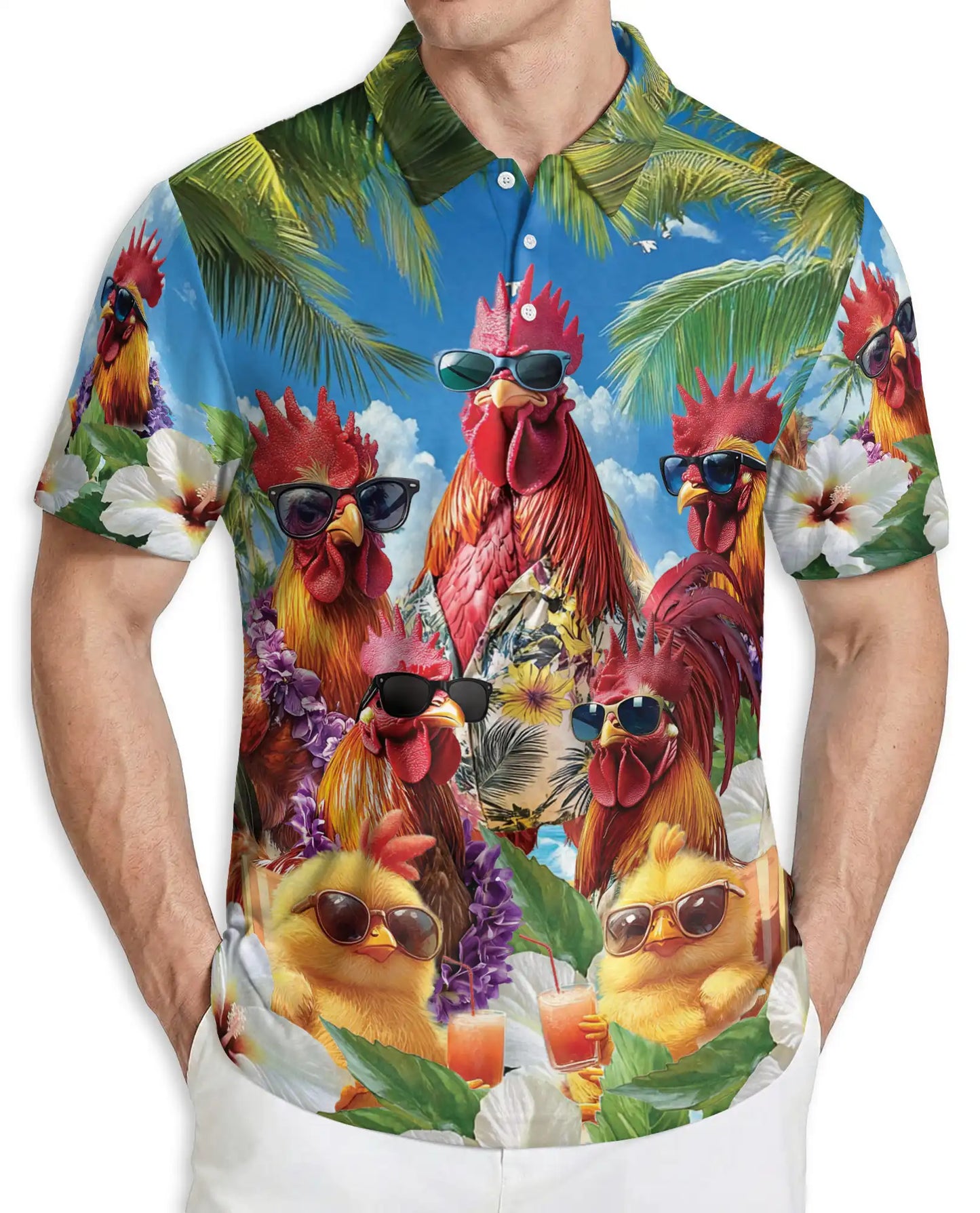 Funny Chicken Hawaiian 3D Polo Shirt | Netecom