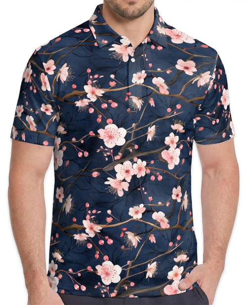 Cherry Blossom Branch Polo Shirt for Men – Spring Floral Style | Netecom
