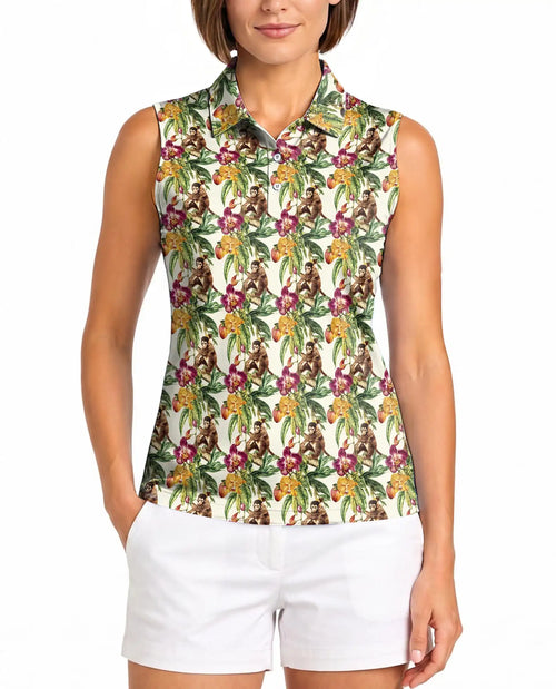 Tropical Monkey Sleeveless Polo Shirt for Women – Cute Jungle Animal Style | Netecom